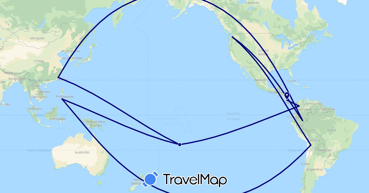 TravelMap itinerary: driving in Bolivia, Cook Islands, China, Colombia, Costa Rica, Peru, Philippines, United States (Asia, North America, Oceania, South America)